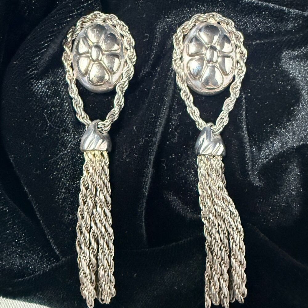 Vintage Floral Oval Tassel Drop Dangle Earrings Intaglio Multi-Strand Earrings